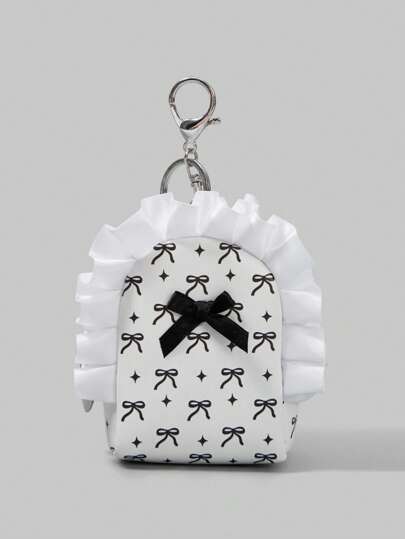 Kawaii Large Capacity Black Bowknot & Floral Print Portable Coin Purse Keychain 919979