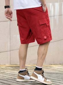 Manfinity Homme Men's Solid Color Drawstring Waist Cargo Pocket Casual Shorts - Red - View 2