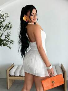 SHEIN SXY 女士性感纯色露背吊带短款上衣和开衩裙两件套，夏季女士度假装，系列，女士春季装，度假，外出上衣，女士套装，狂欢装，度假两件套，女士早午餐装，伊比萨岛装，白色，性感 - 白色 - 查看 2