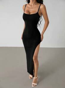 SHEIN PETITE Vestito da donna con pieghe laterali e spalline a spaghetti, di colore unito