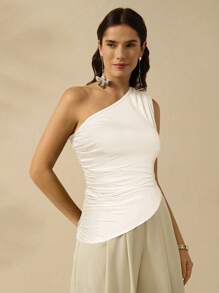 CAJUNI 女士度假休闲夏季黑色不对称领口上衣 - 杏色 - 查看 3