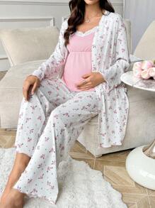 Moonlight&Mama 3pcs/Set Romantic Ditsy Floral Lace Cami Top, Long Pants And Robe, Maternity Sleepwear Holiday Season, Fall Winter Clothes - Multicolor - View 1