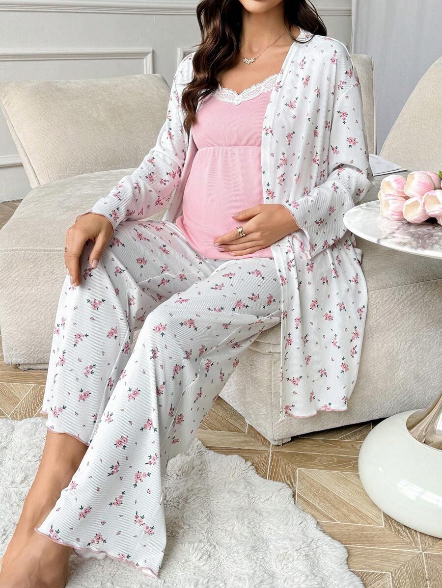 Moonlight&Mama 3pcs/Set Romantic Ditsy Floral Lace Cami Top, Long Pants And Robe, Maternity Sleepwear Holiday Season, Fall Winter Clothes - Multicolor - View 1