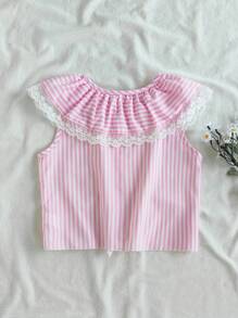 SHEIN Tween Girls Spring Casual Blue And White Striped Loose Fit Sleeveless Round Neck Shirt, Versatile Wear For Outdoor And Indoor - Hot Pink - View 3