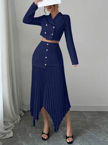 Elenzga 女士 2 件套：领口修身双排扣短款夹克 + 褶皱拼布不对称裙子，优雅