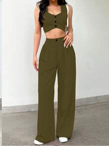 INAWLY 女式单排扣短款背心和休闲裤两件套 - 軍綠色 - 查看 3