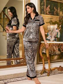 LuxeNights Color Block Leopard Print Lapel Short Sleeve Top & Pants Pajama Set - Multicolor - View 6