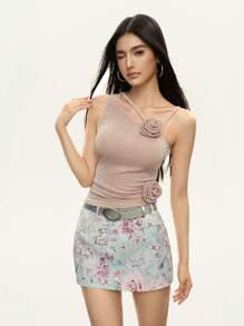 Rina Fox Women 3D Floral Decor Asymmetric Neck Y2k Tank Top - Apricot - View 3