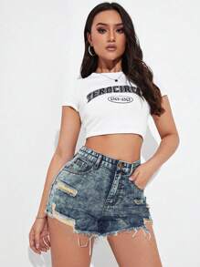 SHEIN EZwear Quần short denim rách rửa thường ngày mùa hè - Rửa trung bình - Xem 3