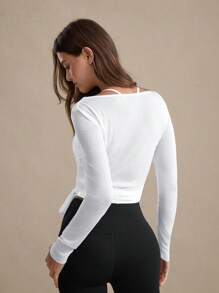 Easify SHEIN Sport Women's Casual Sports Tie-Up Long Sleeve T-Shirt, Lightweight Textured Design, Versatile For All Seasons