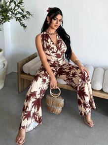 SHEIN SXY Women's Boho Palm Tree Print Sleeveless Cowl Neck Long Jumpsuit: Woven Fabric, Multicolor, Knot Detail For A Stylish Look. - Multicolor - View 6