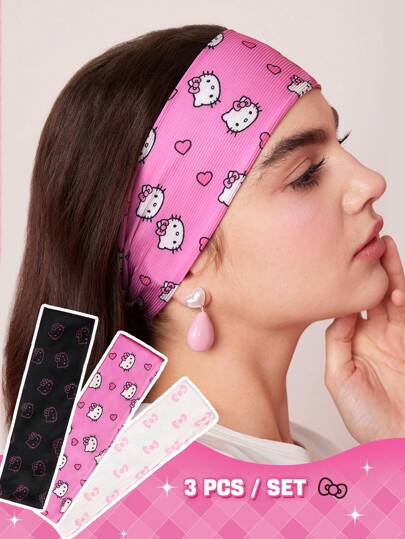 HELLO KITTY AND FRIENDS | SHEIN 3 قطع شريط رأس مطاطي بطبعات قطط جميلة وعصرية، مناسبة للرياضة والأناقة اليومية وغسل الوجه وللبنات، شريط رأس ماص للعرق