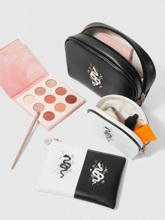 Grunge Punk Ensemble de 3 pièces Sac de rangement maquillage portable de grande capacité avec motif serpent gothique et Yin Yang dessin animé