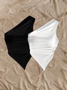 Soleia 2pcs/Set Solid Color Mixed Black And White Asymmetric Hem Asymmetrical Neck Tops, Suitable For Summer Vacation,Rave Top Suitable For Going Out