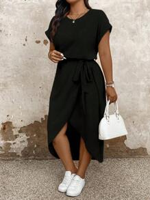 Plus Size Dames Effen Ronde Hals Vleermuismouwen Korte Mouw Asymmetrische Zoom Casual Jurk, Zomer Maxi Dames Outfit