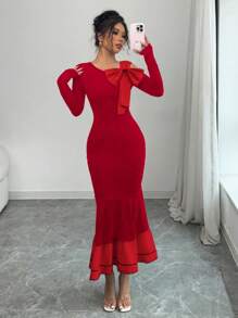 Elenzga Abito elegante aderente a maniche lunghe con blocchi di colore, fiocco e orlo a sirena per donne