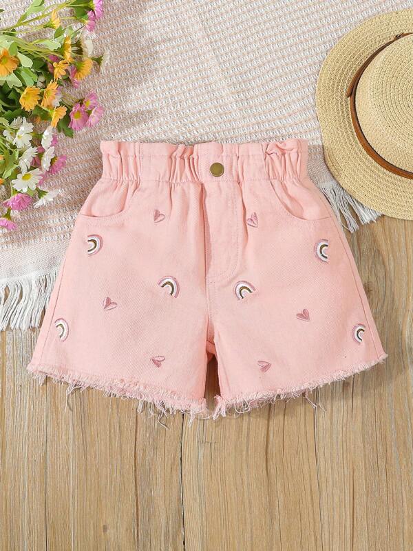 SHEIN Vintaside Kids Short en jean avec broderie de cœur et arc-en-ciel pour jeune fille