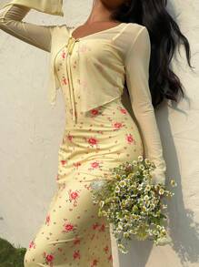 Sunnyshic 度假风小众黄色碎花吊带背心裙+可爱开衫套装 - 黃色 - 查看 3