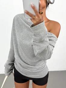 SHEIN PETITE 女士褶饰纯色不对称领口长袖休闲 T 恤