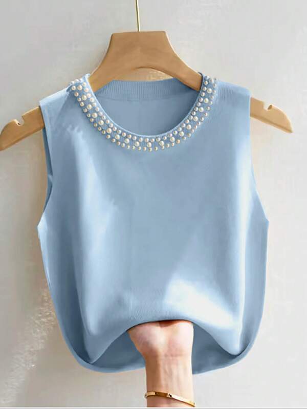 SHEIN Privé Women's Elegant Faux Pearl Beaded Crew Neck Sleeveless Knit Vest
