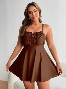 Swim Lushoire Women Plus Size Black Swimdress With Ruffled Tie-Up Front For Summer Beach Vacation - Brown - View 3
