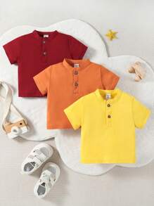 SHEIN 3pcs Set Vintage Stylish Infant/Toddler Boys Dopamine Colorblock Short Sleeve Collared Button-Up Shirts For Spring & Summer - Multicolor - View 1