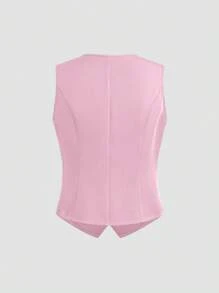 SHEIN Unity Women's Solid Color Single Breasted V-Neck Casual Vest - Dusty Pink - View 2