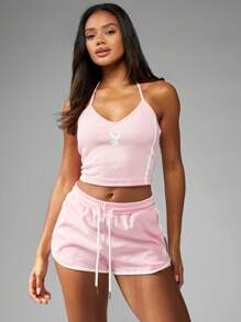 Missguided x Playboy Top corto de entrenamiento con cuello de halter y logotipo distintivo, estilo de sujetador deportivo atlético, top sin mangas de verano, ropa de ocio deportivo, atuendo de entrenamiento de estilo Y2K, ropa de estar en casa