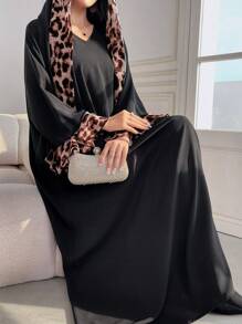 Al Najma Women's Leopard Print Patchwork Long Sleeve Casual Loose Arabic Style Dress With Hijab Scarf, Modest,Elegant, Maxi Length Arabian Dresses - Multicolor - View 4