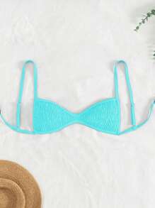 SHEIN Swim 女士纯色细肩带迷你比基尼背心，夏季沙滩装 - 薄荷藍 - 查看 3