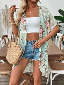 Breezaya Vacation Casual Floral Allover Print Batwing Sleeve Jacket - Baby Blue - View 3