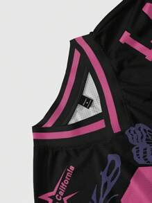 Manfinity Hypemode 男士街頭風寬鬆大尺寸 T-shirt 黑粉配色網眼籃球球衣風上衣，夏季城市度假嘻哈 Y2K 賽車風拼色字母印花短袖 T - 彩色 - 查看 4