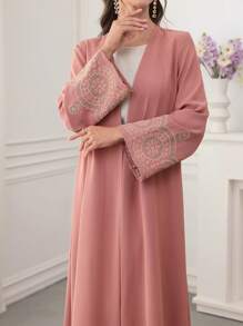 Al Najma 女士淡粉色长袍：优雅的梭织面料，长袖，精致的刺绣细节，打造端庄风格 - 藕粉色 - 查看 2