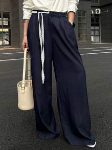 DAZY Pantalones casuales de verano de pierna ancha y suelta con cintura de encaje y bolsillos para mujeres
