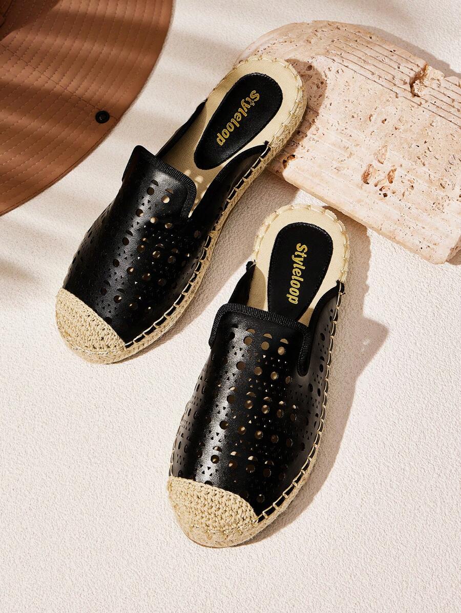 Styleloop Beige Casual Retro Embroidery Thick Sole Straw Rope Shoes - Black - View 1