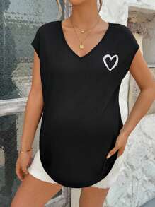 SHEIN Summer Outfits - Heart Print Batwing Sleeve Tee, Maternity T-Shirts, Pajama, Loungewear, Sleepwear, Tank Top With Bra, Underwear & Sleepwear, Pajama Set - Black - View 6