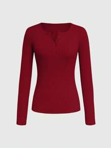 INAWLY Women's Solid Color Rib-Knit Half Button Placket V-Neck T-Shirt - Red - View 3