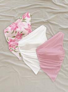 Soleia 3pcs/Set Casual Simple Floral Print & Solid Color White/Pink Women Top, Suitable For Summer Suitable For Going Out