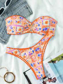 Swim Vcay Springbreak 女款優雅度假休閒派對蝴蝶印花紋理抹胸比基尼 2件式泳衣 夏季款 - 橘色 - 查看 8