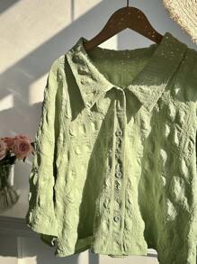 Comfortcana 大码女式绿色羊羔绒领衬衫，夏季，度假女装 - 綠色 - 查看 3