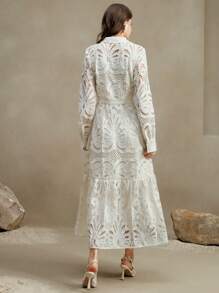 Anewsta Đầm dài tay thanh lịch thắt eo thêu ren cho nữ - trắng - Xem 2