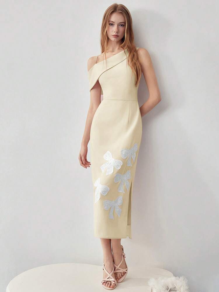 MOTF STUDIO BOW APPLIQUES SPLIT DRESS