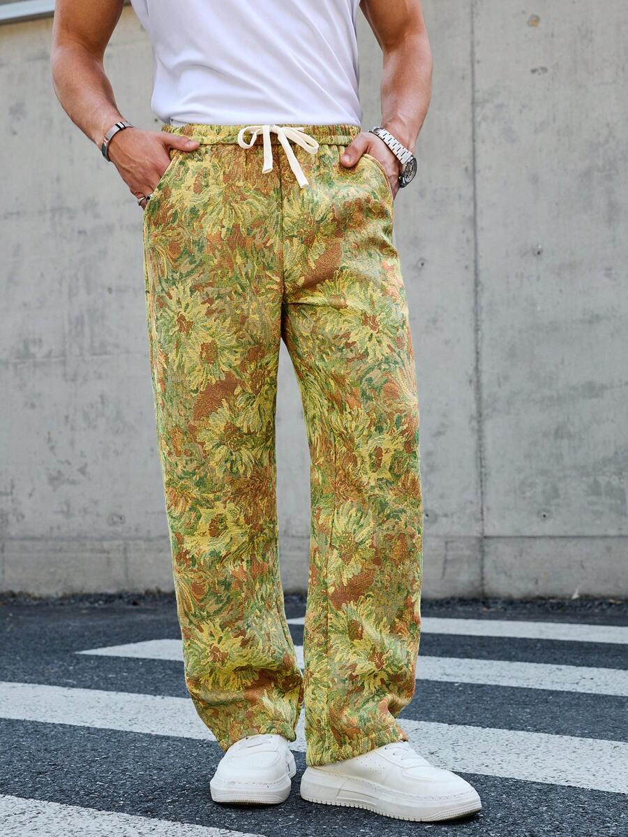 Manfinity Homme Men's Yellow Autumn Boho Vacation Holiday Floral Jacquard Loose Straight-Leg Pants,Elastic Waistband Baggy Flower Pants For Hawaiian Beach & Festival - Yellow - View 1