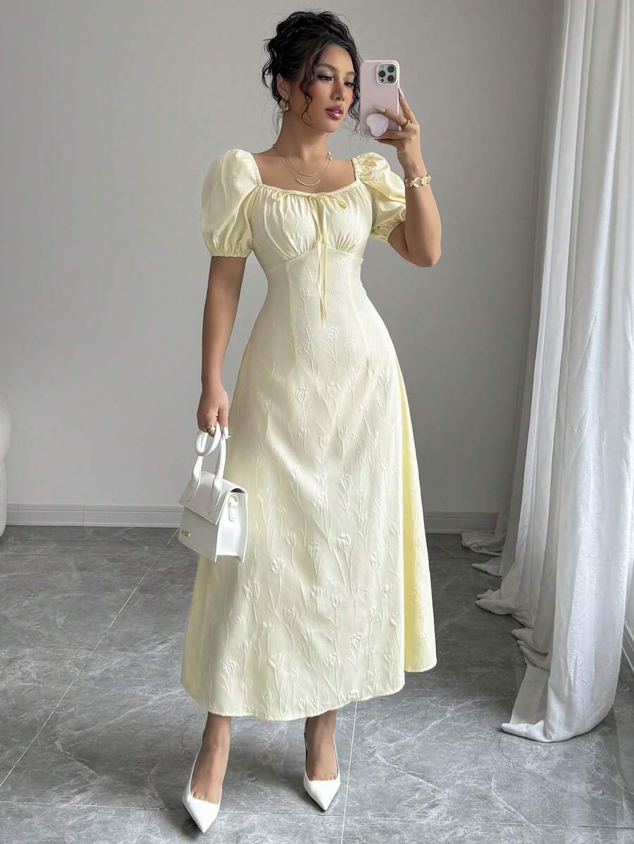 Modelyn 法式优雅方领收腰长裙 - 黃色 - 查看 1