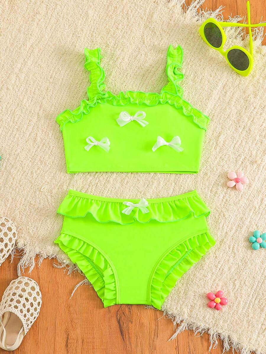 SHEIN 2pcs/Set Girls Cute Swimsuit, Pink, Ruffled Butterfly Tankini Top With Straps And Ruffle Trim Shorts - Green - View 1