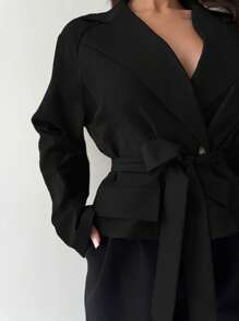 Firerie New Khaki Three-Dimensional Pocket Belt Women's Thin Windbreaker Jacket In Fall/Winter - Black - View 7