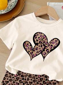 SHEIN 2pcs/Set Young Girls Casual Loose Fit Heart & Leopard Print Short Sleeve T-Shirt And Shorts Outfit Set, Summer
