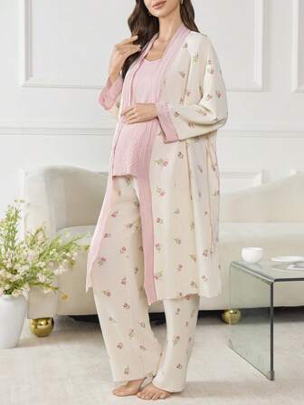 Moonlight & Mama 3 st. Gravida kvinnor, bubbeltextur, blommigt lapptäcke, linne, topp + byxor + morgonrock, nattkläder, höst- och vinterkläder