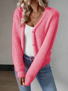 Calvaya Solid Color Front Button V-Neck Elegant Mink Hair Cardigan With Short Length, Long Sleeve Fall Winter Cloth For Women - Watermelon Pink - View 4