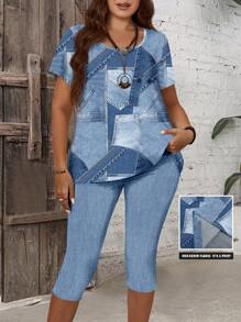 EMERY ROSE Bộ 2 chiếc áo phông in họa tiết denim chắp vá thường ngày mùa hè cỡ lớn cho nữ và quần legging dài 3/4 - Nhiều màu - Xem 7